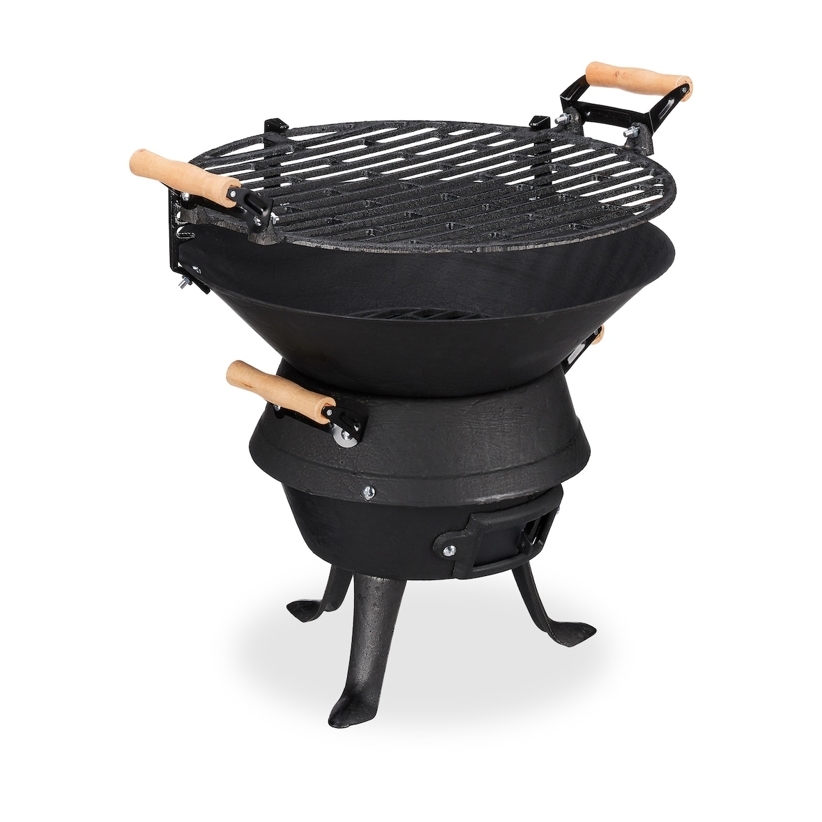 Relaxdays Grillfass Gusseisen, höhenverstellbarer Grillrost, Belüftung, Fassgrill für Holzkohle, HBT 40x45x36cm, schwarz