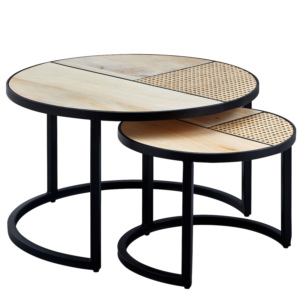 Design Wohnzimmertisch 2er Set Mango / Rattan Beistelltisch Rund, Couchtisch Wiener Geflecht, Tischset 2-teilig mit Metallbeine, Satztisch Holz /
