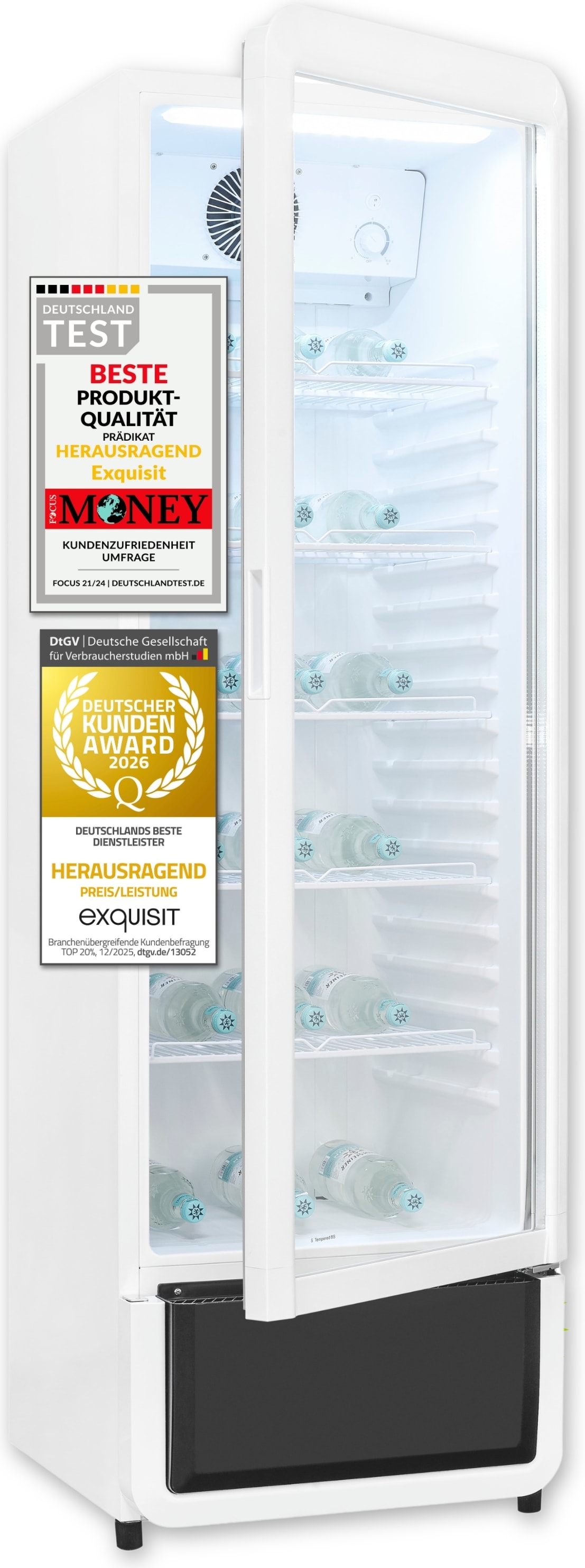 Exquisit Glastürkühlschrank, 280l Getränkekühlschrank mit LED, Umluft, 5 verstellbare Ablagen, CoolPro, GKS5260-GT-431D weiss