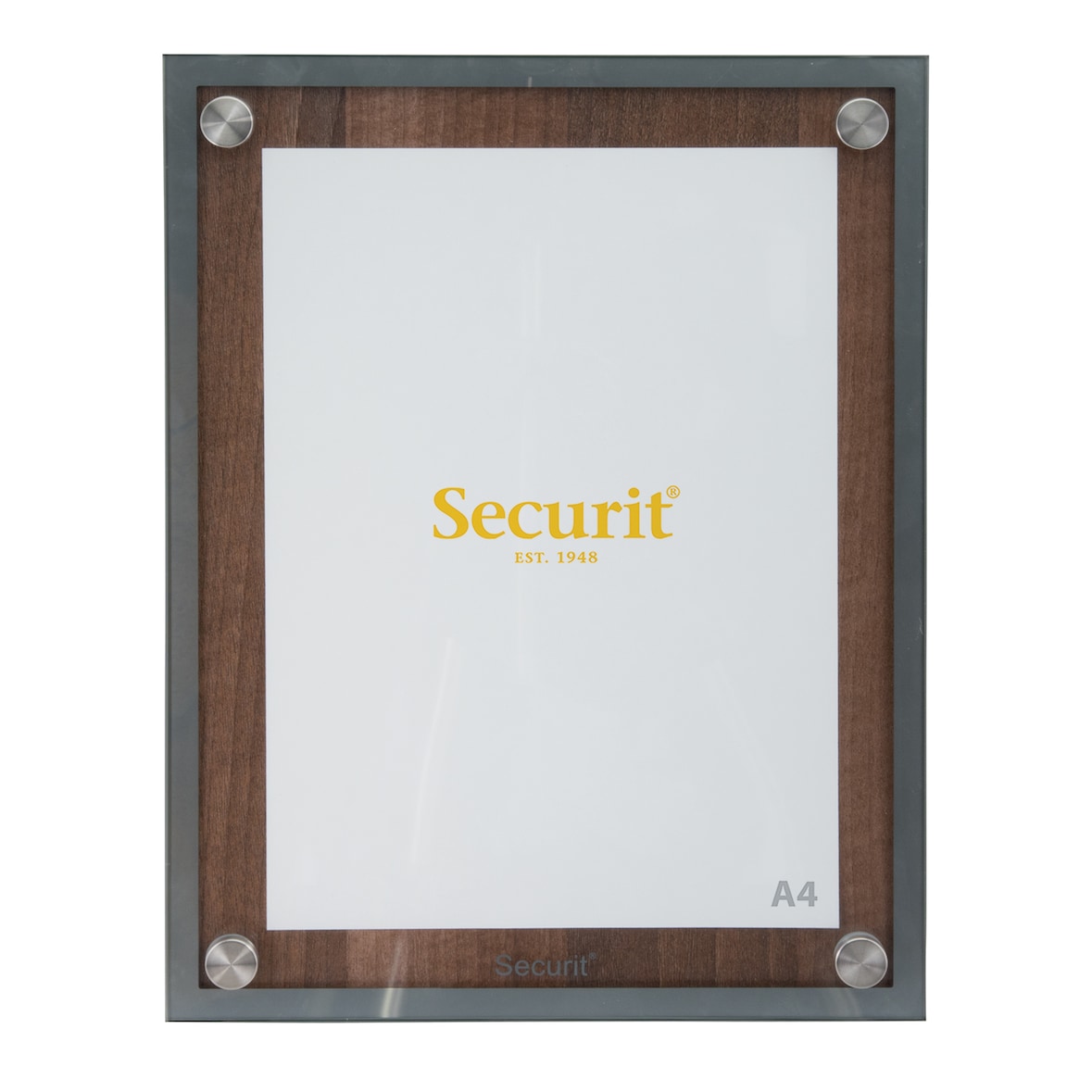 Securit® Präsentationshalter Speisekarte A4 "Glass Star" – Walnuss – Holzplatte mit Glasplatte und Edelstahlecken – 1 Seite