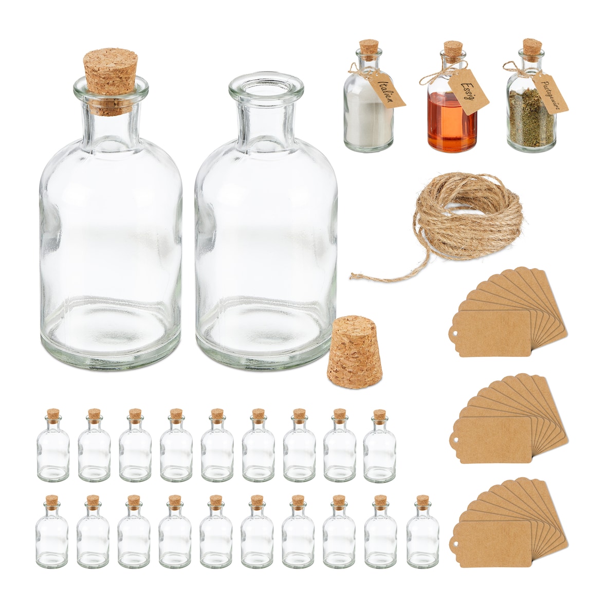 Relaxdays Dekogläser 24er Set, Glasflaschen mit Korken, 125 ml, Gewürzgläser zum Befüllen mit Deko, transparent/natur