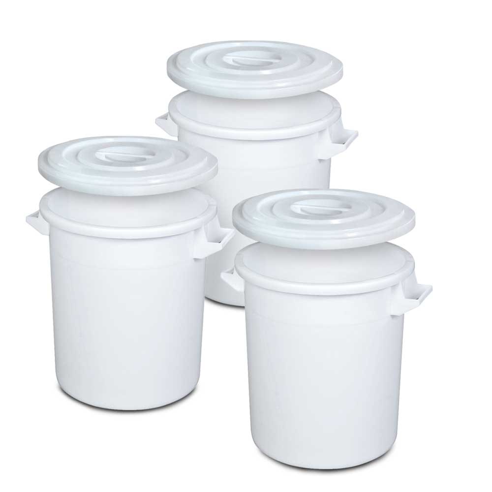 3x 35 Liter Kunststofftonne mit Deckel, lebensmittelecht, Polyethylen-Kunststoff (PE-HD), weiß