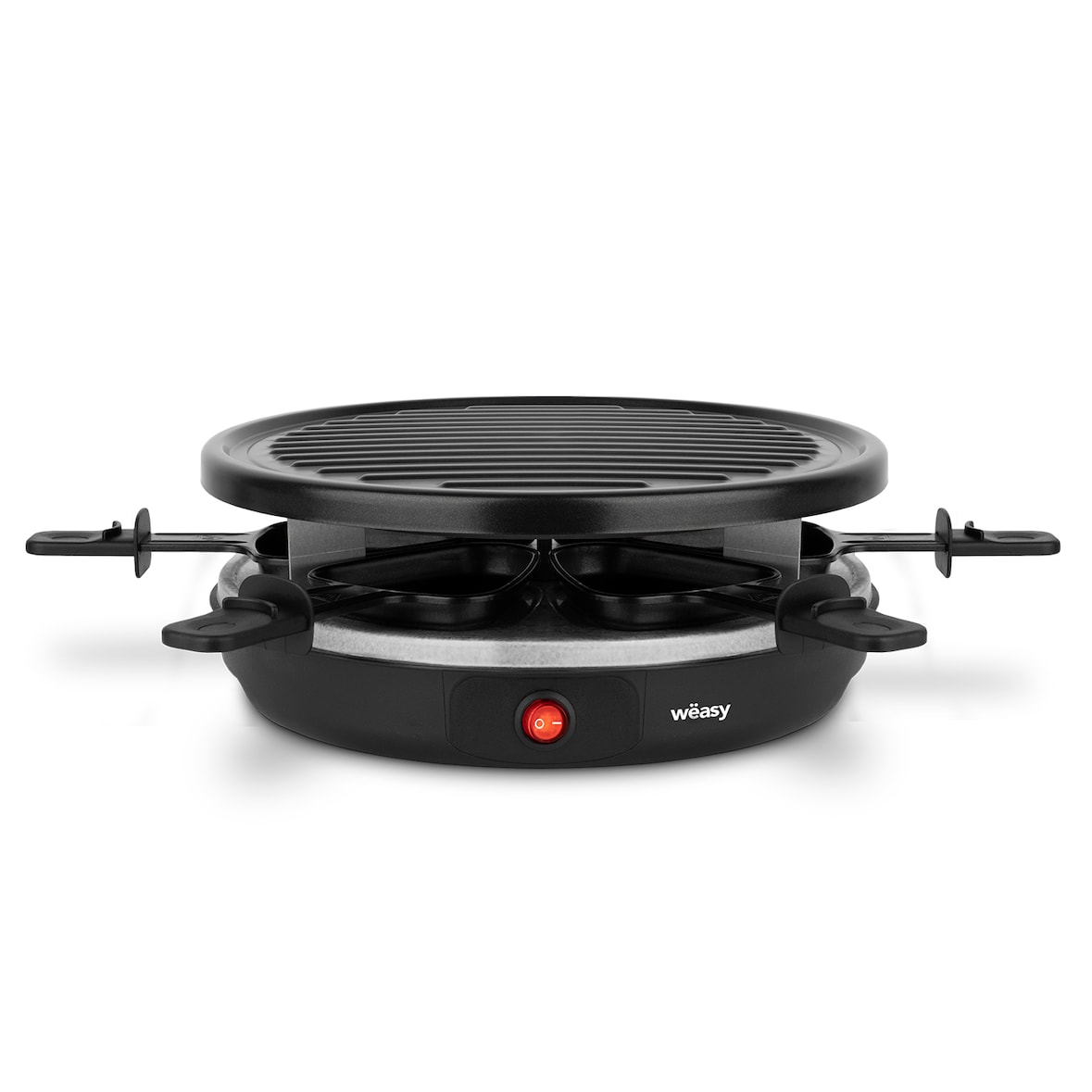 Wëasy Raclette Gerät und Grill LUGA40, 6 Personen, Antihaftbeschictung, 900 W, rund Edelstahl, schwarz