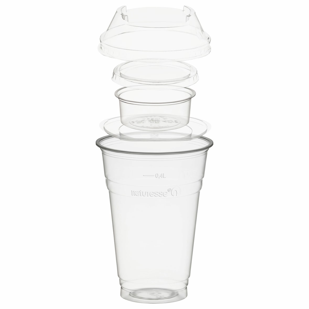 100x BIO Trinkbecher 400ml+Domdeckel+Einsatzbecher stapelbar Biokunststoff