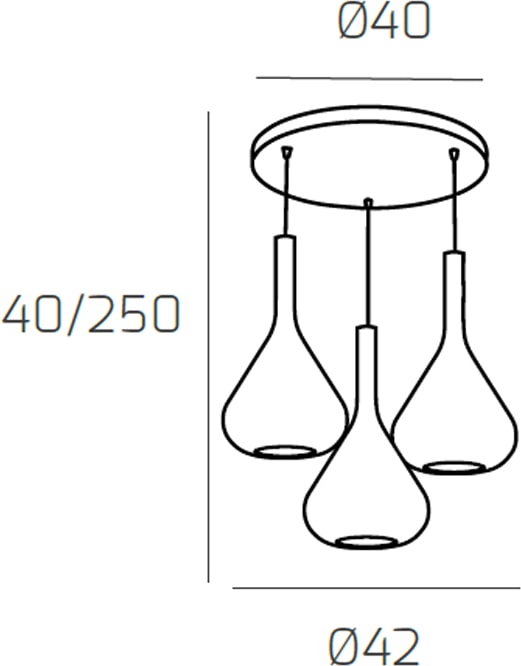 Drei tropfenförmige Lampen an einer Deckenplatte.