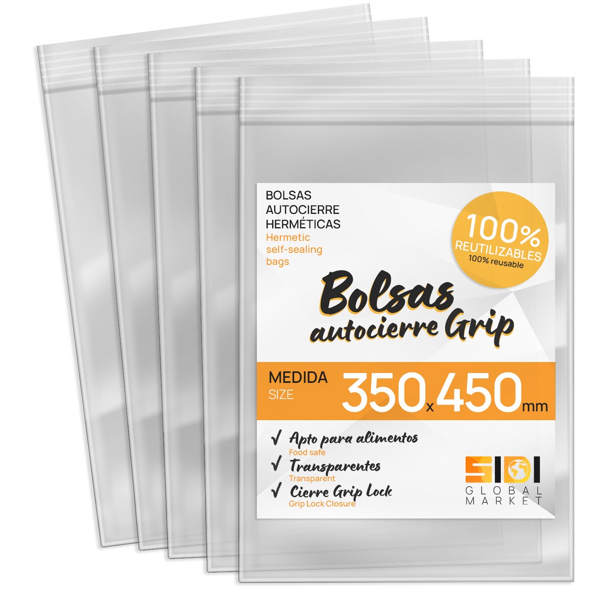 Bolsas de Plástico Transparente con Autocierre para todo tipo de usos - SIDI (350x450mm, 100uds)