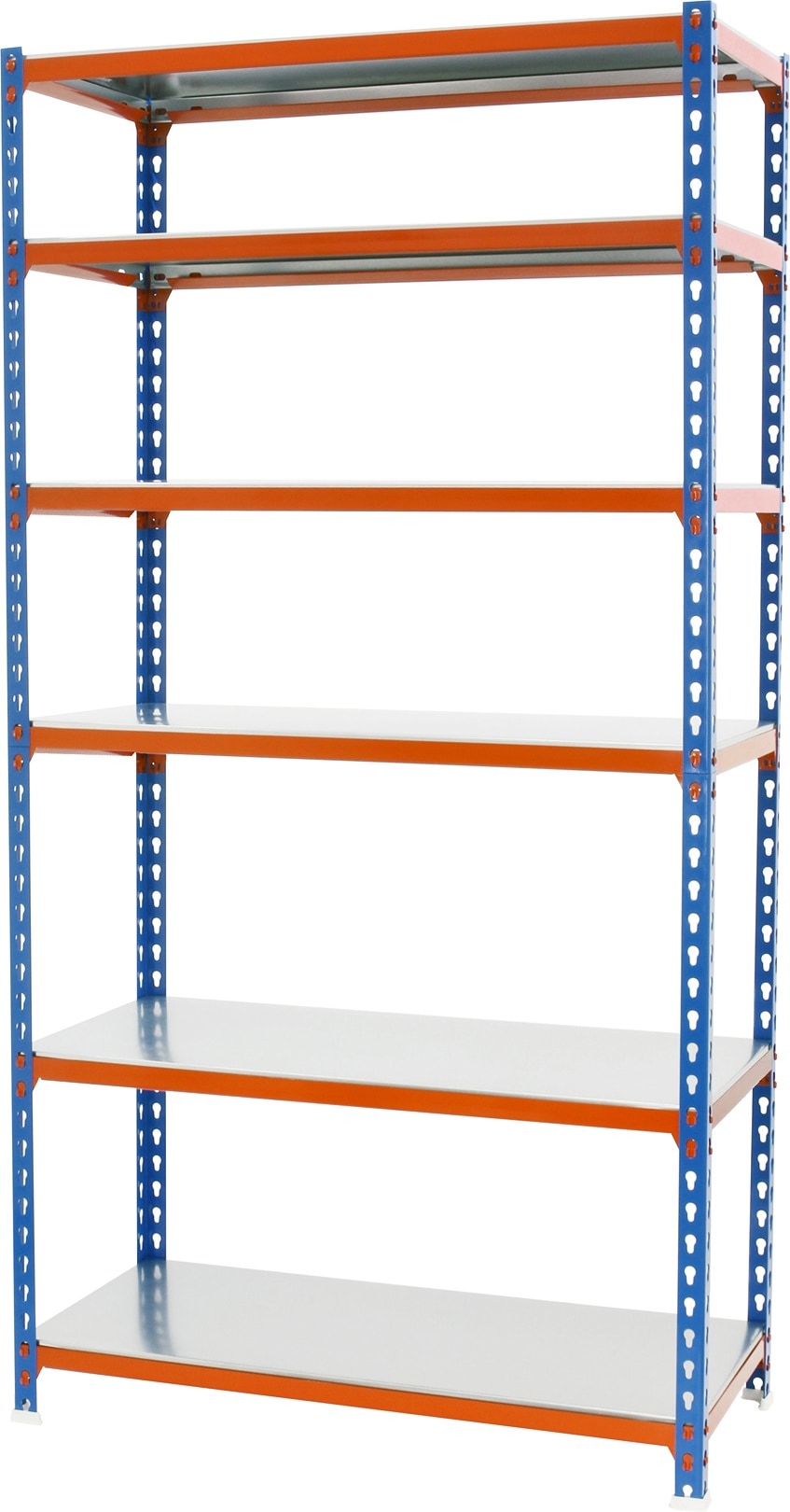 SimonRack Estantería Metálica, 2500x1200x300 mm, 6 Alturas, Bandeja Metal, 200 kg de Punto Flexión, Azul/Naranja/Galva - Simonclick