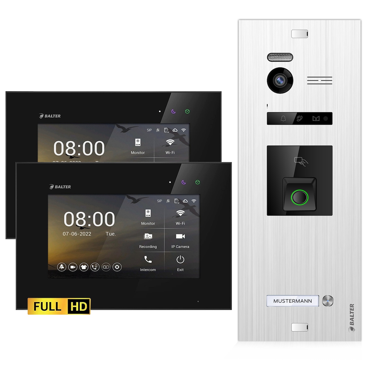 Balter EVO HD Video Türsprechanlage mit Fingerprint und RFID für 1 Familienhaus, 2x Monitore