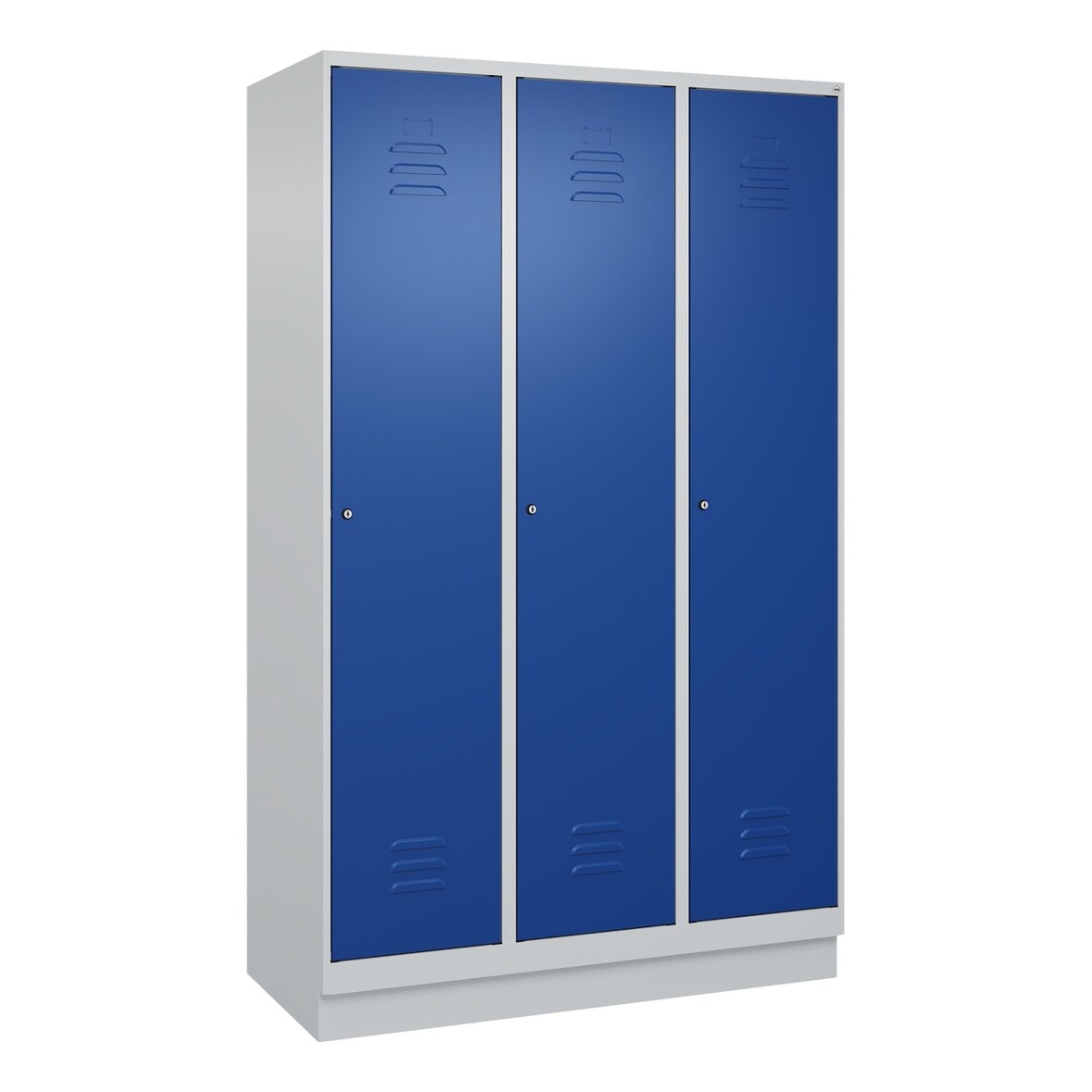 C+P Spind Classic PLUS, Sockel, 3 Abteile, HxBxT 195x120x50cm, Zylinderschloss, Hellgrau/Enzianblau von PROREGAL