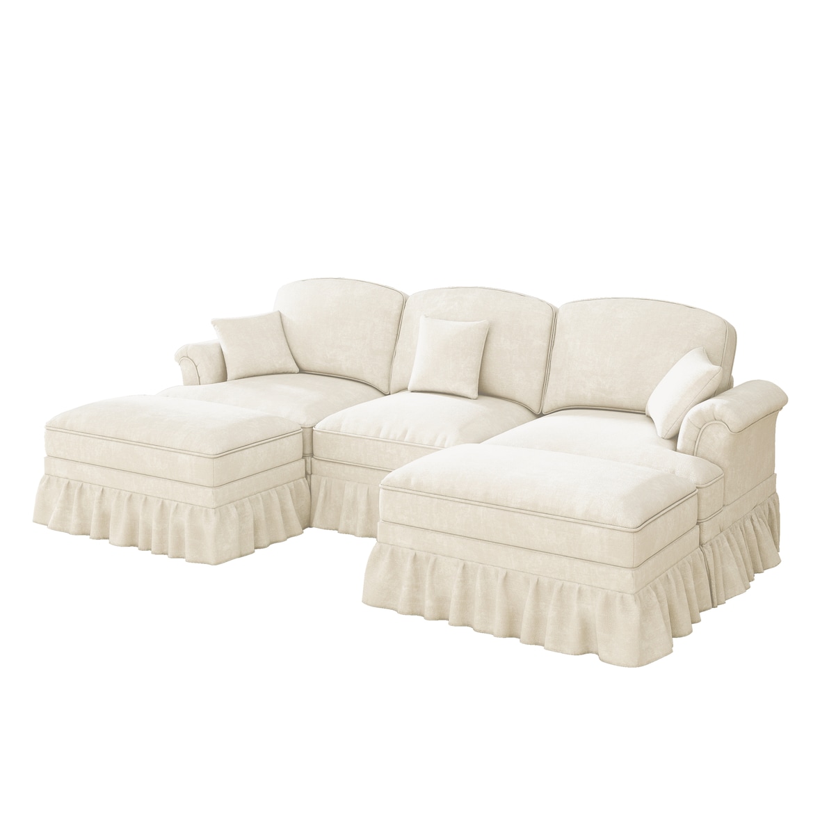 U-förmiges Cloud-Sofa 140x272x93 cm aus Chenille mit Rüschenverzierung und Hocker – Flexibel, modern und komfortabel