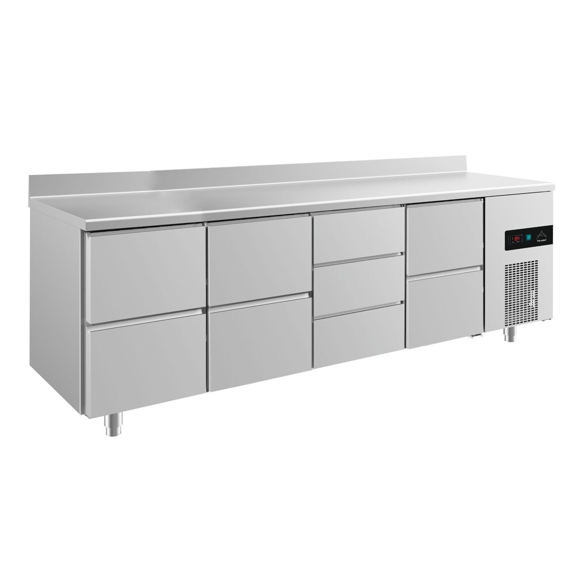 Gastro Kühltisch  je 2 Schubladen links&mittig&rechts 3 Schubladen mittig Umluftkühlung Aufkantung, 2330x700x850mm -2/+8°C 632l