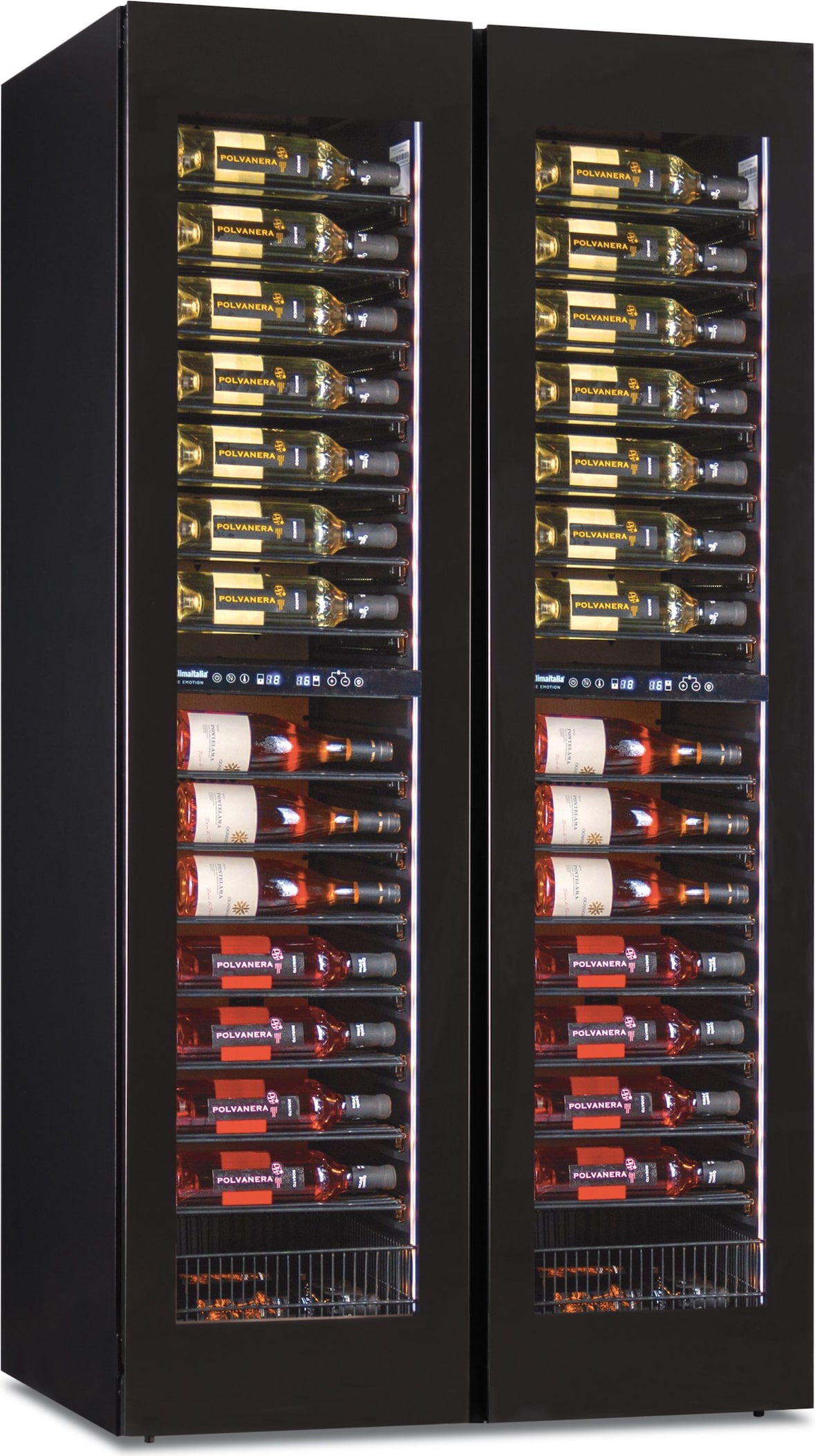 KLIMAITALIA Zweitüriger Weinkühlschrank 4 T°zonen. Unendliche Glastüren. LED-Beleuchtung. Edelst.regale. Thermo digital. Mod. SW224-4TB