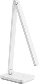 Eine weiße Schreibtischlampe mit Gelenkarm.