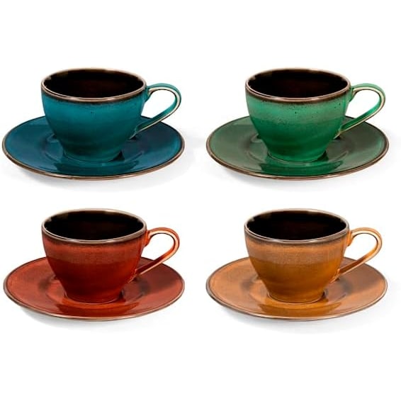 H&H Set 4 Tazze Caffè Marrakesh, Stoneware, Marrone e Colori Assortiti, 240 cc
