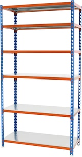 thumbnail of SimonRack Estantería Metálica, 2500x1100x300 mm, 6 Alturas, Bandeja Metal, 200 kg de Punto Flexión, Azul/Naranja/Galva - Simonclick