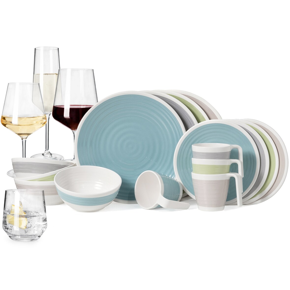 Melamin Geschirr-Set 4 Personen Harmonie 16 Teilig + 16 Milano Gläser Wassergläser Weingläser Champagner-Gläser Flûtes Tafelgeschirr Picknick