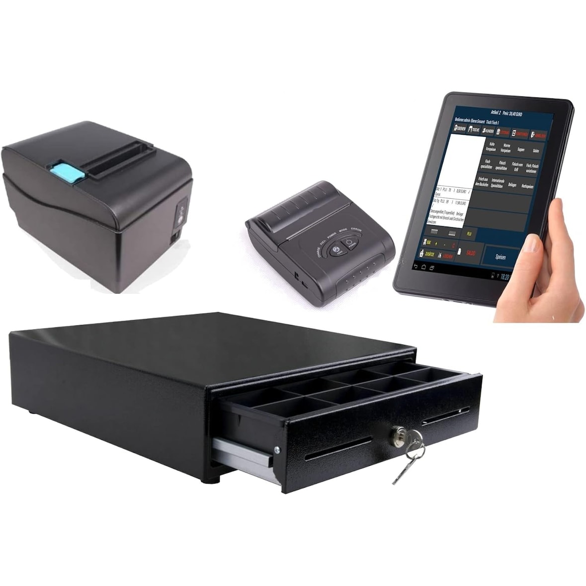 Mobiles Kassensystem für GASTRONOMIE: 7" Bedienerterminal, Bondrucker, tragbarer Gurteldrucker, Geldlade