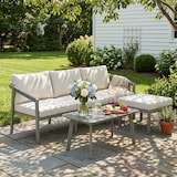 thumbnail of 3-teiliges Gartenmöbel-Set für den Außenbereich mit 3-Sitzer-Sofa, Fußhocker, Couchtisch und Kissen in Braun und Beige