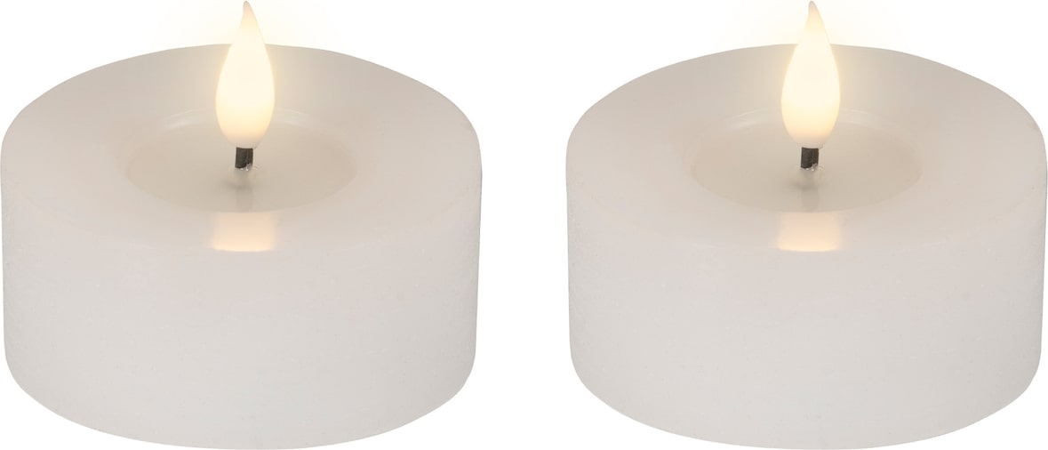 2 LED Kerzen 6x7,5cm mit Timerfunktion Flacker-Effekt Wachs Echtwachskerze batteriebetrieben Docht-Teelicht Wachskerze Warmweiß