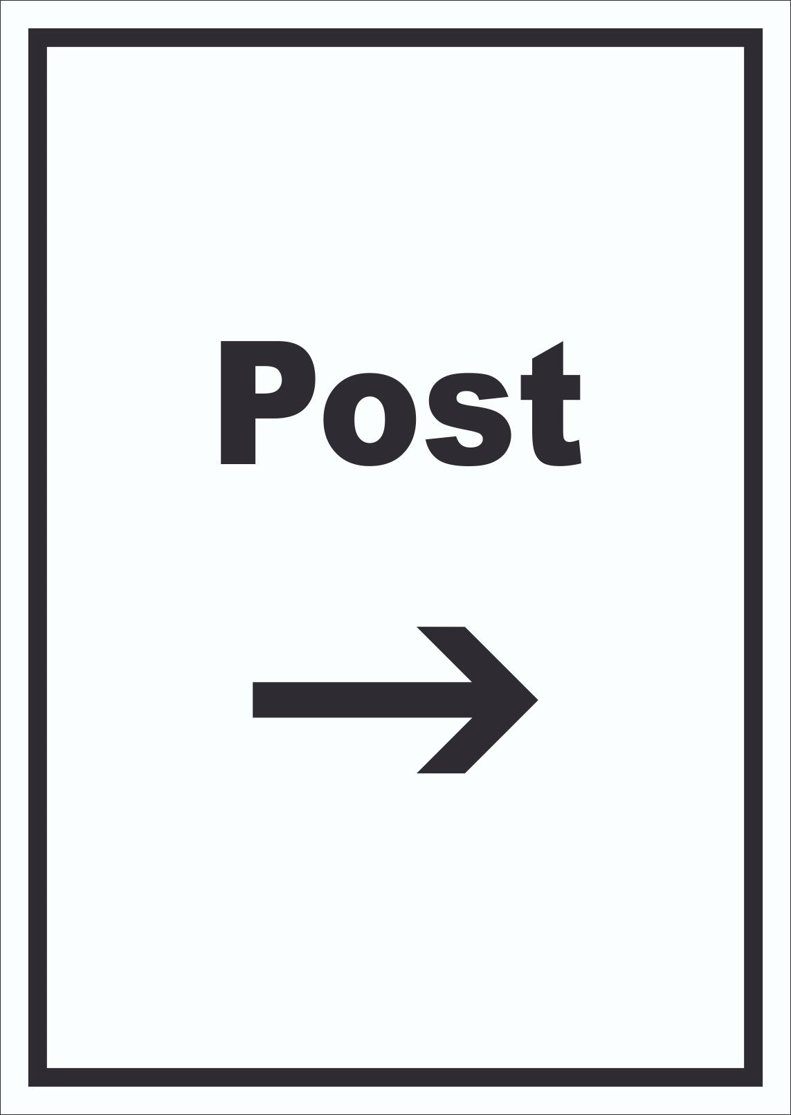 Post Schild mit Text und Richtungspfeil rechts Annahme Brief Paket hochkant A0 (841x1189mm)