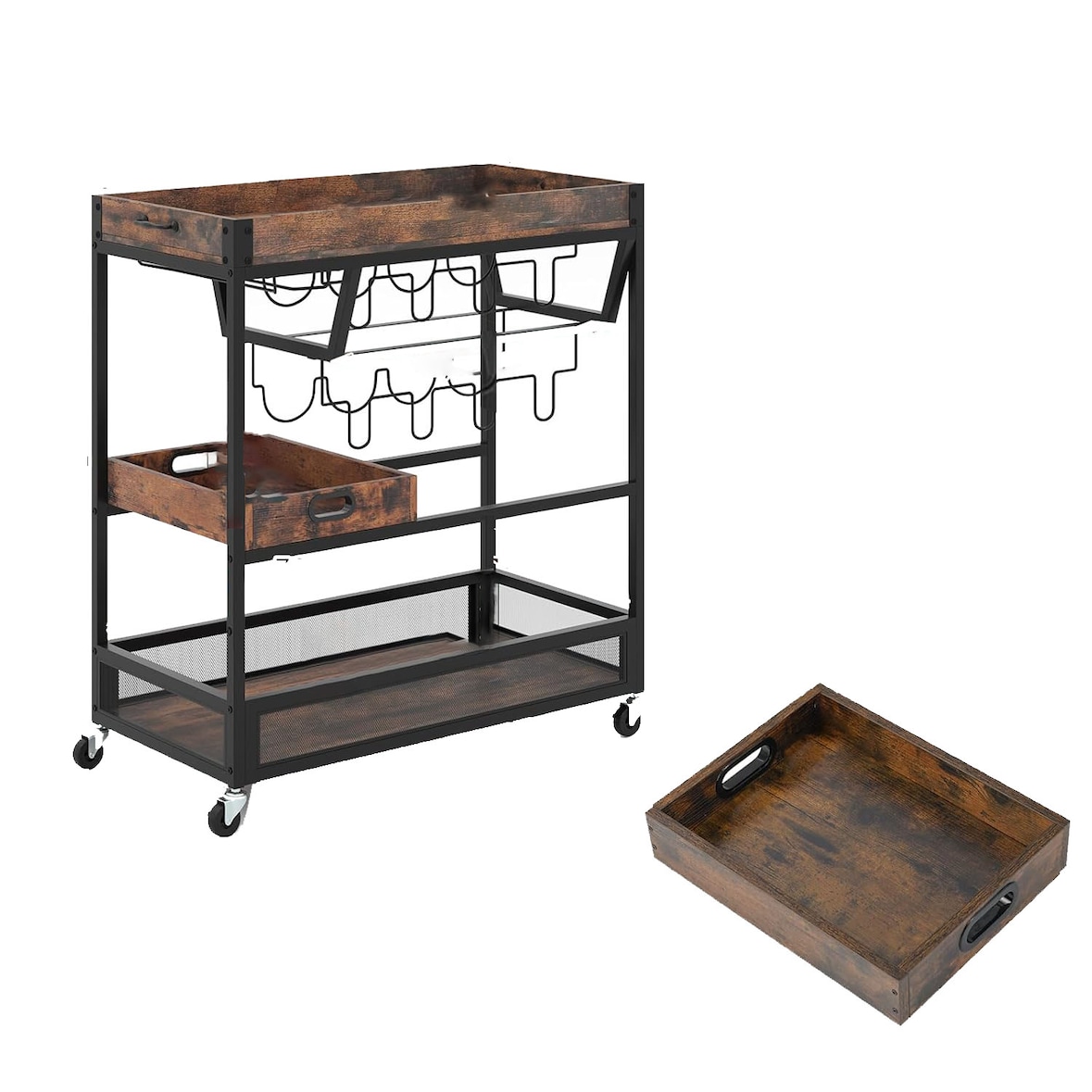 Carrito de servicio COSTWAY con bandeja extraíble, Carrito de cocina, 3 niveles, Carrito rodante con soporte de vidrio y estante para vino