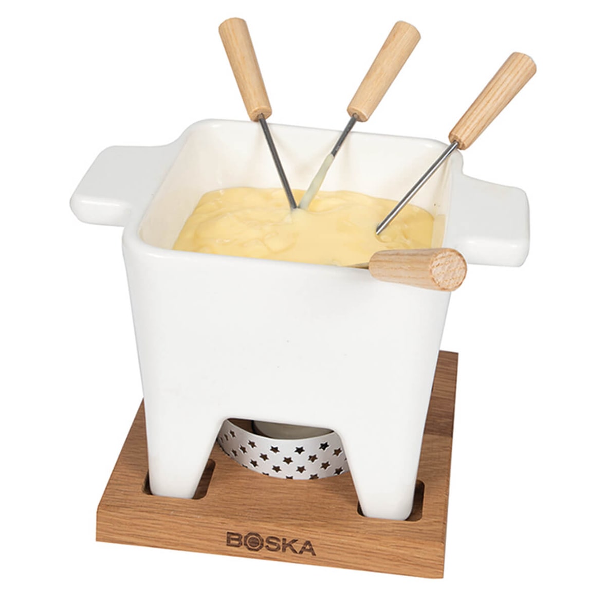 Boska Tapas Fondue Bianco L / Für Käsefondue & Saucen / Kleines Fondue-Set / Mit Untergestell & Teelicht / Mikrowellen- & spülmaschinenfest / 600 ml