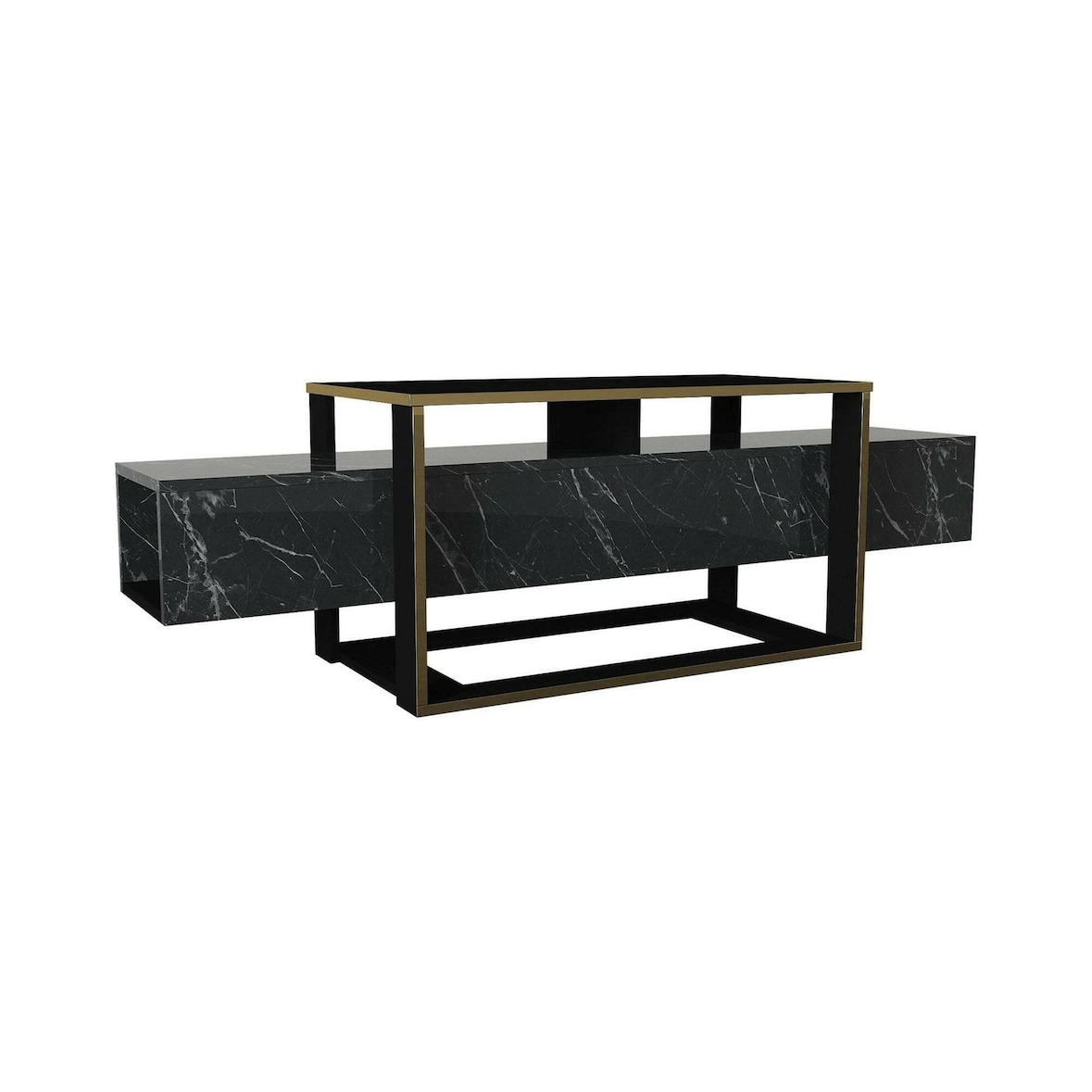Dmora Fernsehschrank Dgiacint, Ständer für Wohnzimmerfernseher, Niedriges Wohnzimmer-Sideboard, TV-Ständerbasis, 160x46h50 cm, Schwarz und Gold