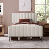 thumbnail of Polsterbett 90x200 cm mit höhenverstellbarem Kopfteil – Komfort für modernes Schlafzimmer, Grau-Beige, Massivholz, Metall, Leinen