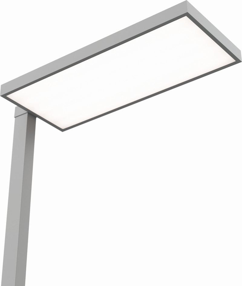Eine moderne Stehleuchte mit rechteckigem Lampenschirm.