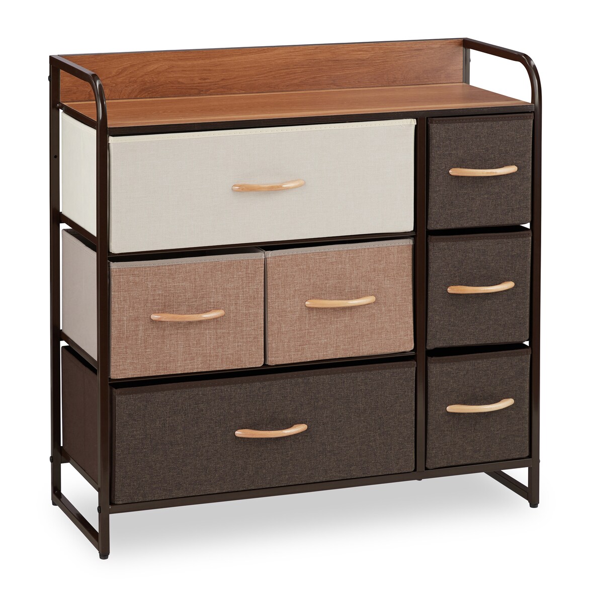Relaxdays Schubladenschrank, 7 Stoff Fächer, Ablage, Schränkchen, Stahlgestell, Minikommode HBT 79 x 80 x 31,5cm, braun
