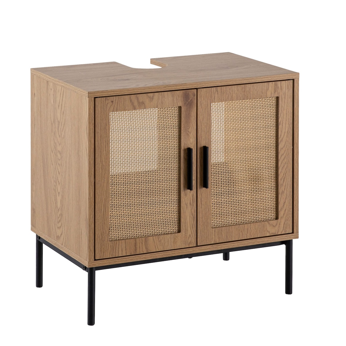 Waschbeckenunterschrank Eiche-Optik 60x60x40 cm mit Türen, Badezimmerschrank mit Rattangeflecht, Unterschrank Stehend, Badschrank Midischrank Klein