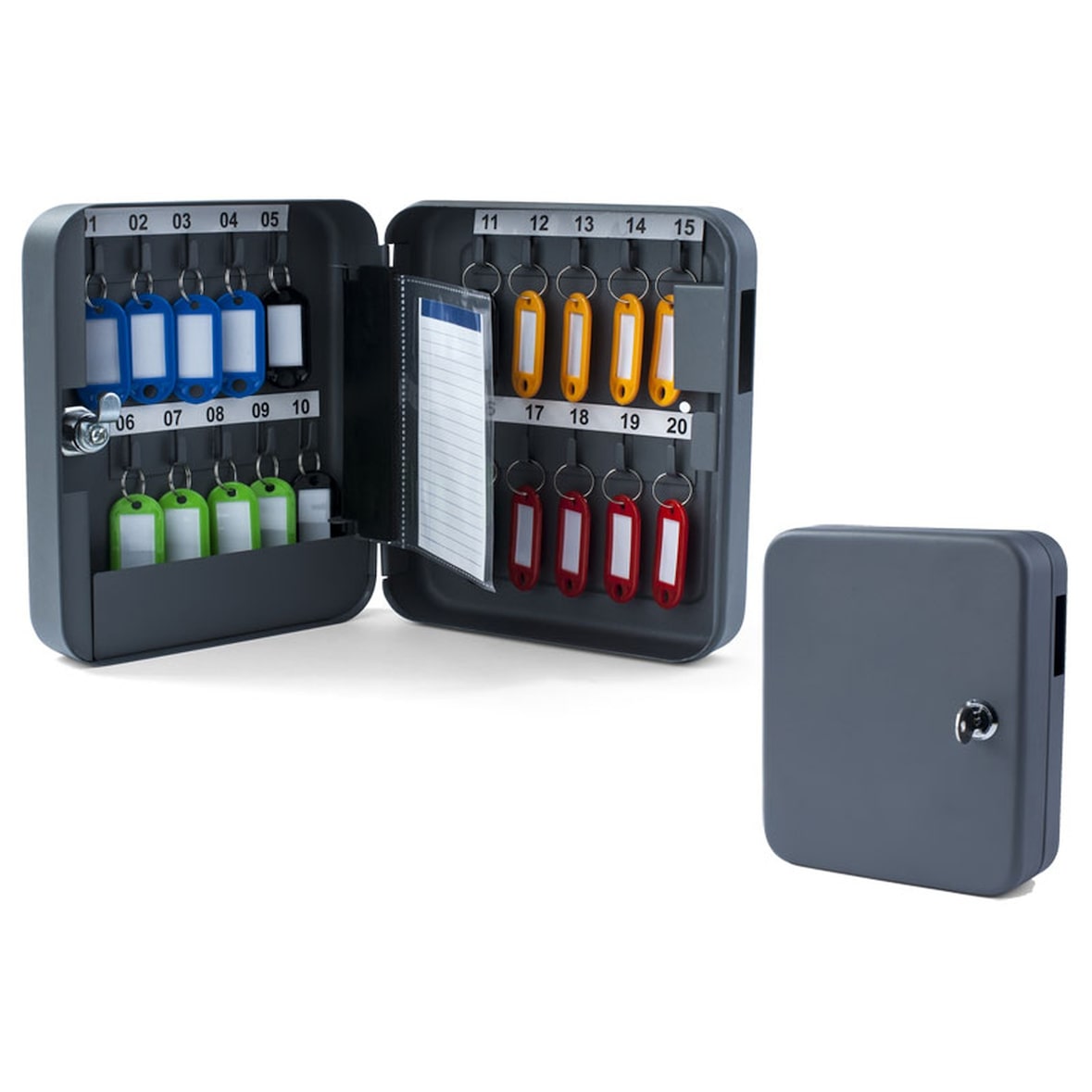 2x Schlüsselkasten für  20 Schlüssel inkl. Anhänger und seitl. Einwurfschlitz grau