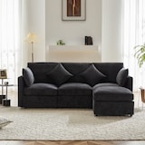 thumbnail of Dreisitzer-Sofa 216x161x81 Grau mit Fußhocker, Chenille Stoff, Komfortkissen, L-förmig erweiterbar, Wohnzimmer Couch