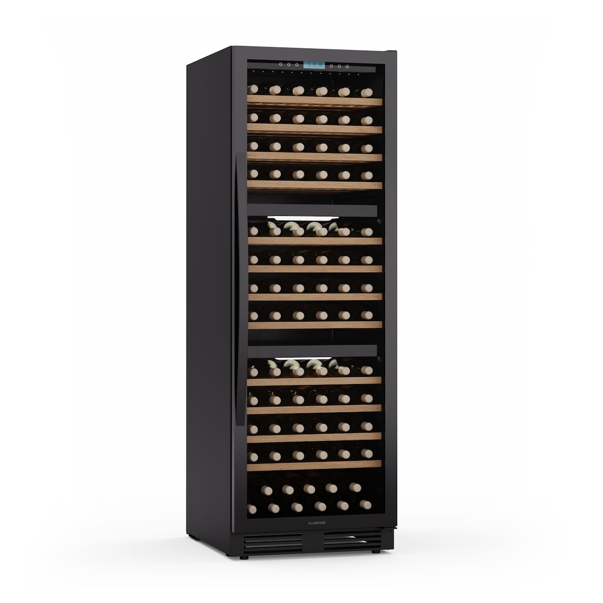 Klarstein Vinovilla Trio Weinkühlschrank | 144 Flaschen | 3 Zonen | 38 dB | 12 Regale | Kompressor | 413 Liter Schwarz