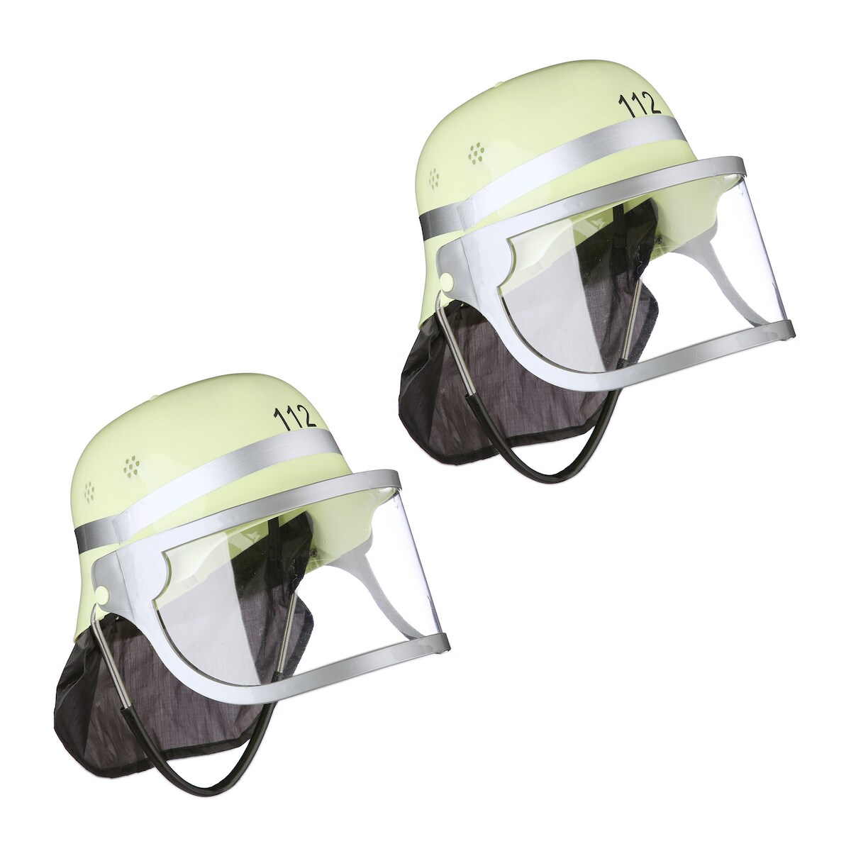 Relaxdays Feuerwehrhelm Kinder 2er Set, verstellbar, klappbares Visier, Nackentuch, Feuerwehr, HBT 24,5x22,5x28 cm, gelb