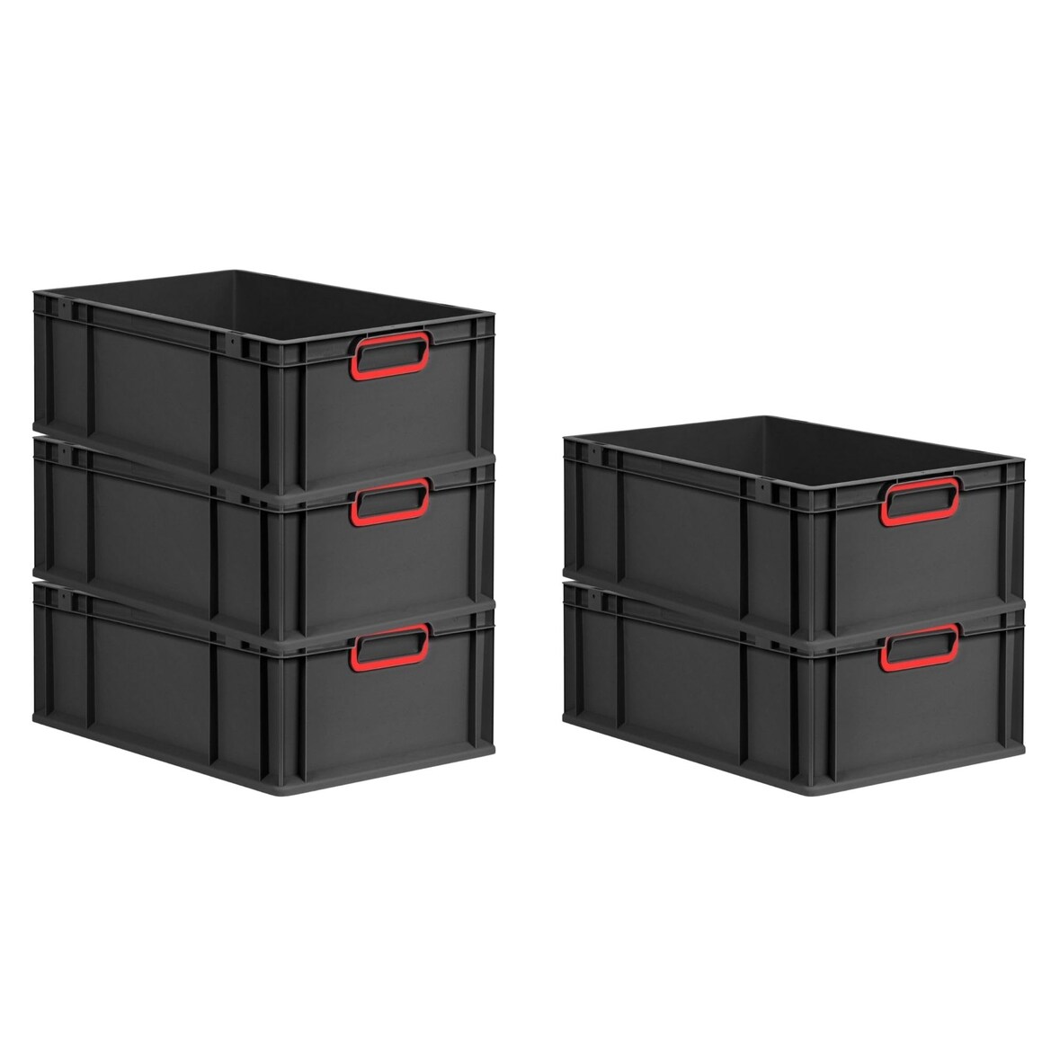 PROREGAL SparSet 5x Eurobox NextGen Color, HxBxT 22x40x60cm, 44 Liter, Griffe rot zu, Schwarz, Eurobehälter, Transportbehälter