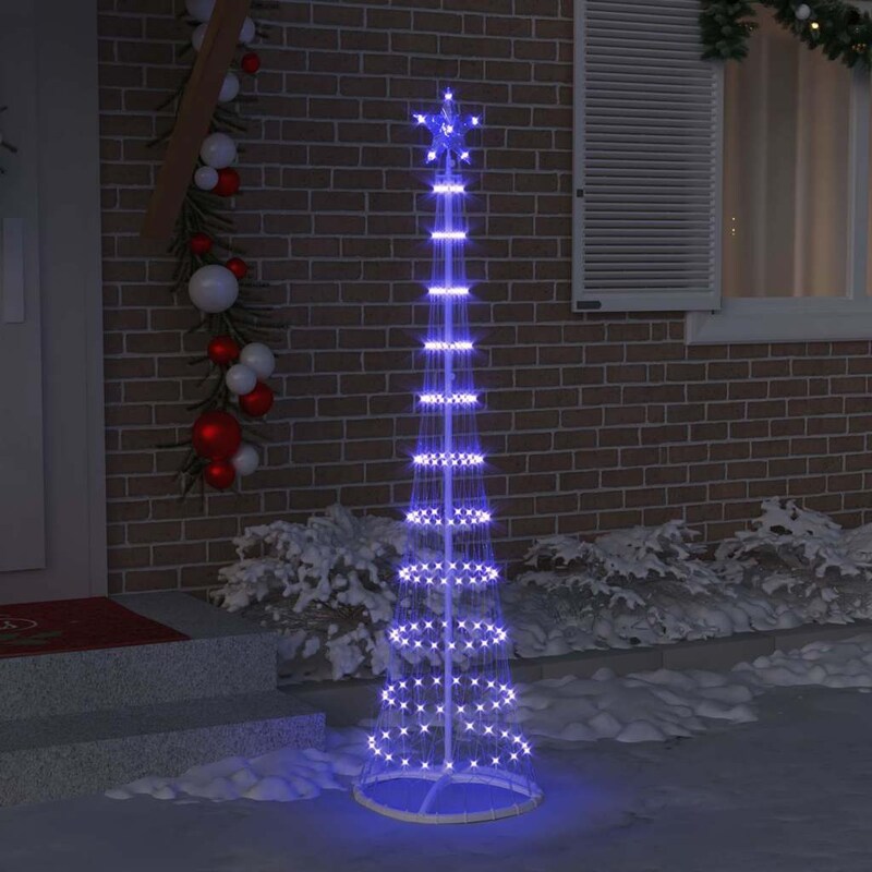 Ein beleuchteter spiralförmiger Weihnachtsbaum mit Stern.