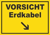 thumbnail of Vorsicht Erdkabel mit Richtungspfeil rechts unten Schild A0 Rückseite selbstklebend