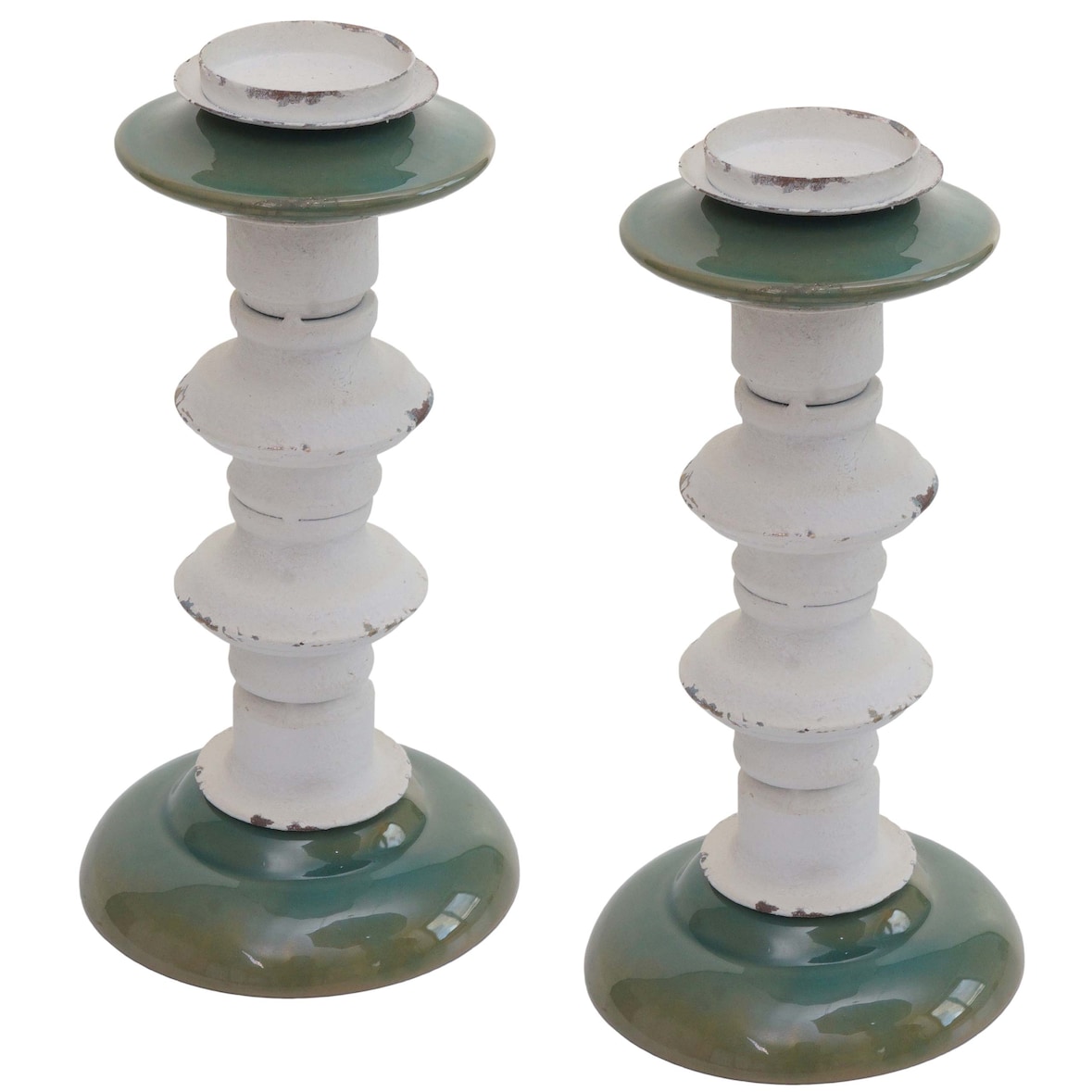Set de 2 portavelas HWC-N36, portavelas pilar vela, metal cerámica vintage de aspecto desgastado altura 25cm
