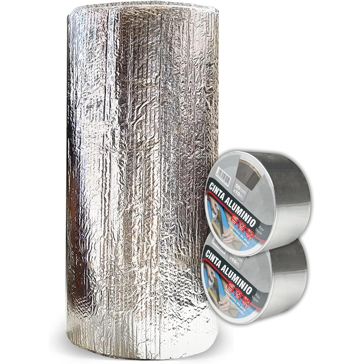 Aislante Térmico Reflexivo de Aluminio y Burbujas 0.5x25 m (12.5 m²) + 2 rollos Cinta de Aluminio 50 mm x 10 m - Frío y Calor
