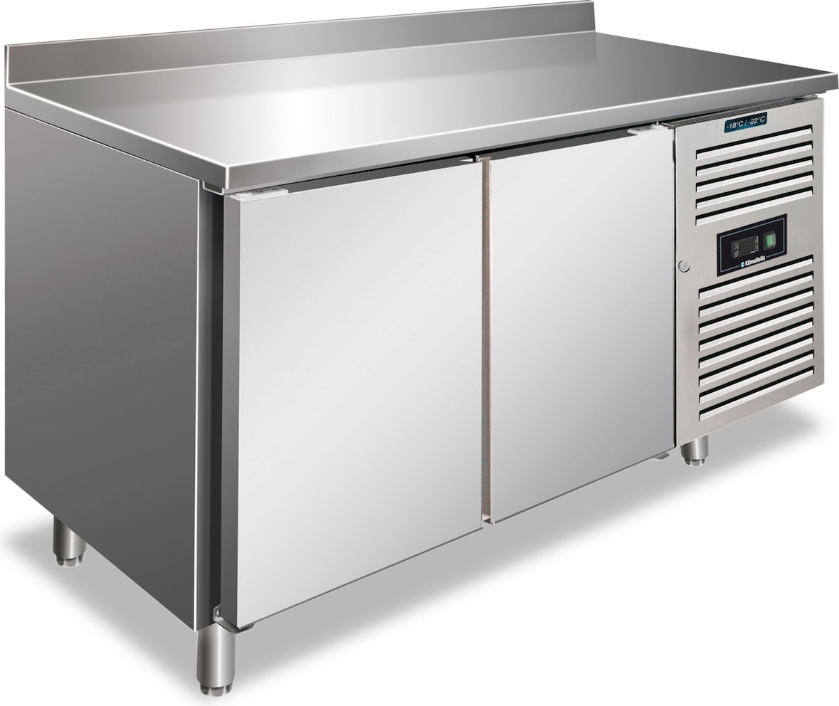 KLIMAITALIA Edelstahl-Gefriertisch mit 2 Türen und Spritzschutz. Automatisches Auftauen. Temperatur -22°C/-18°C.  Maße LxWxH 136x70x96 cm. CXF2200BT
