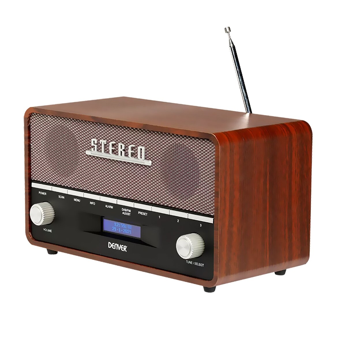 Radio portable Denver DAB-3,  10W RMS - DAB+, FM, minuterie et alarme, Bluetooth, Fonctionne sur 230V ou piles
