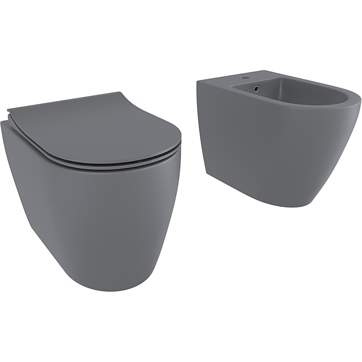 Coppia Sanitari Filomuro Parete Vaso WC Rimless Senza Brida Tornado Flush E Bidet Moderno In Ceramica Copriwater Chiusura Soft Close Grigio Opaco