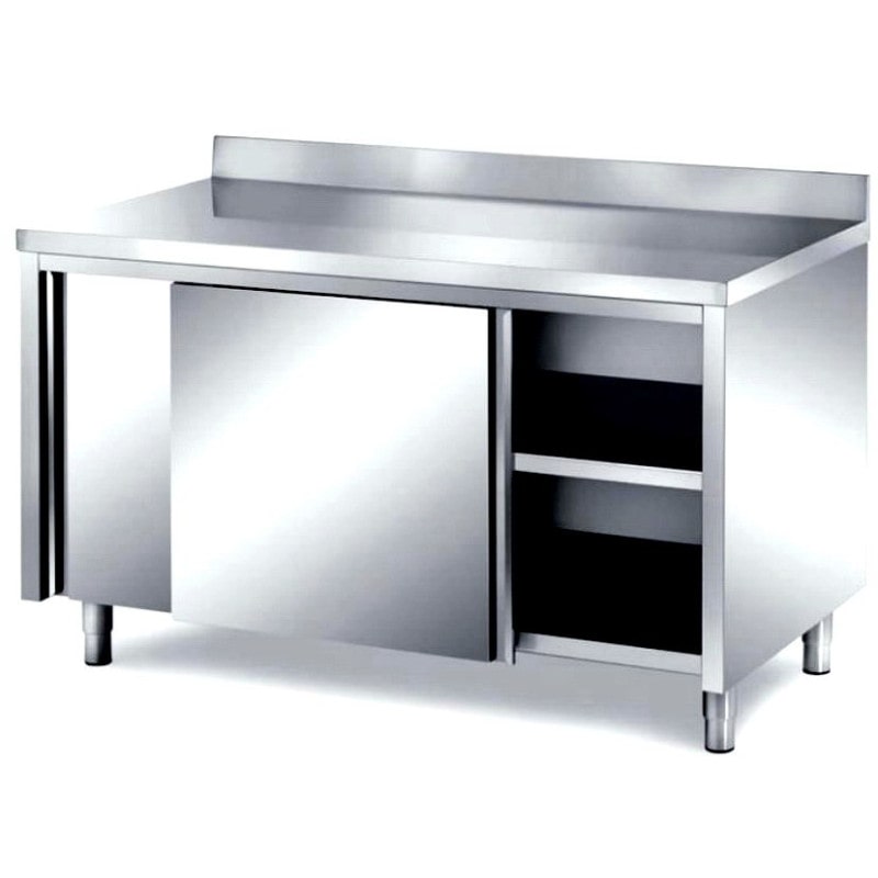 Tavolo Inox Armadiato Professionale con Porte Scorrevoli e Alzatina cm 100x60x85