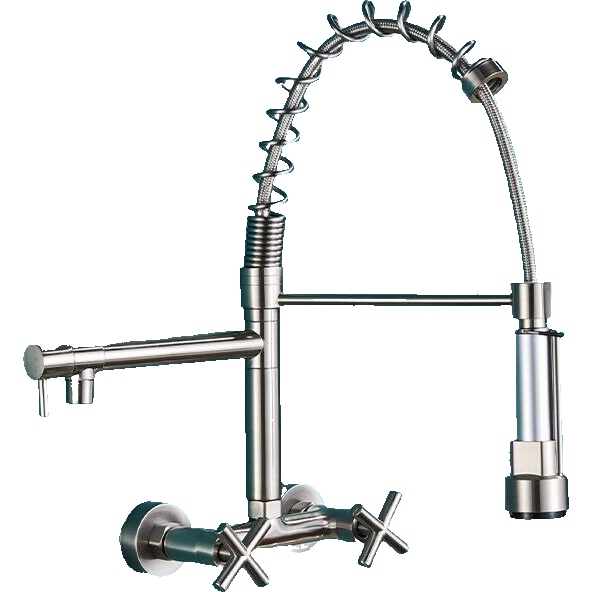 Björn |  Grifo de cocina profesional para hostelería plata cepillada | de acero inoxidable con dos duchas | Grifo doble lavabo pared restaurante