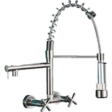 thumbnail of Björn |  Grifo de cocina profesional para hostelería plata cepillada | de acero inoxidable con dos duchas | Grifo doble lavabo pared restaurante