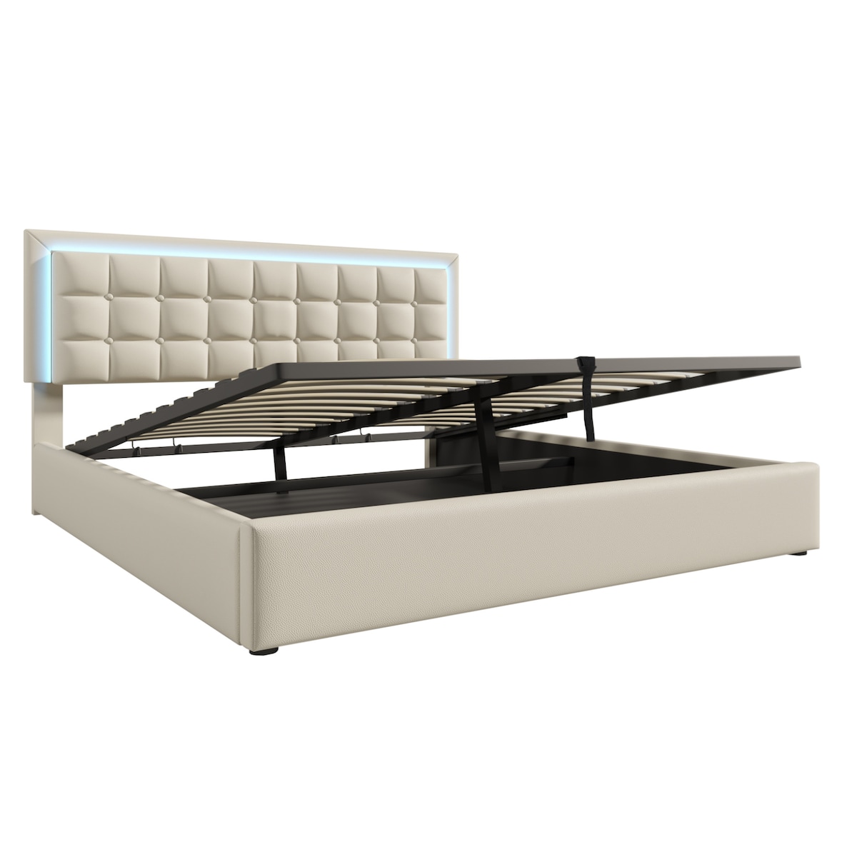 Merax LED Doppelbett 140x200 Polsterbett aus Kunstleder mit Lattenrost & Hydraulische Stauraum Weiß