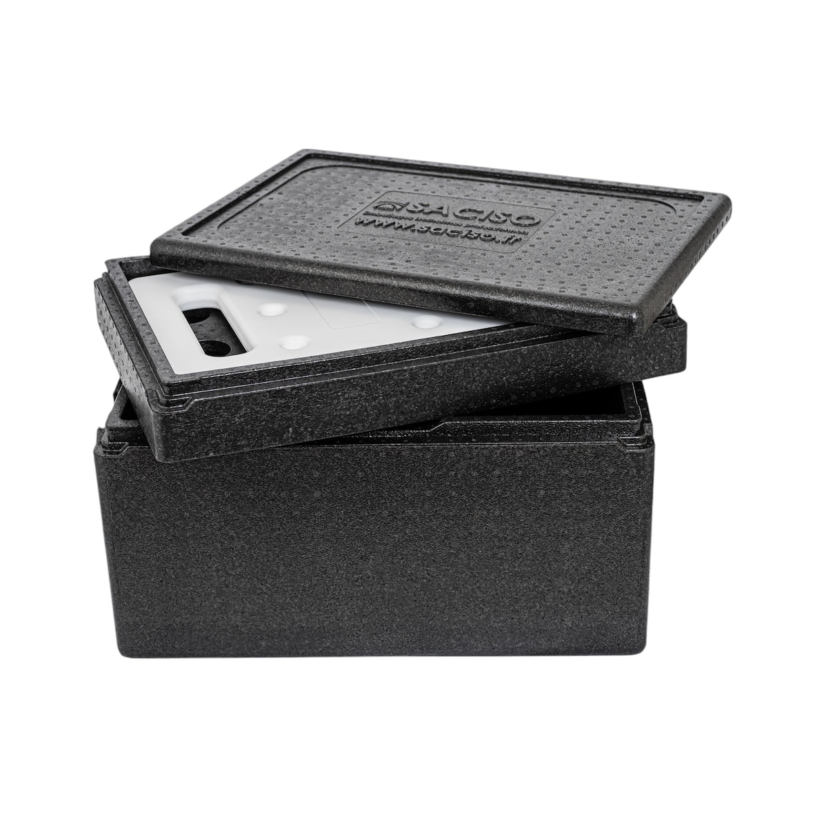 KIT FROID - 1 conteneur isotherme PPE 46L - Ouverture par le haut - Adapté GN 1/1 + 1 plaque eutectique GN1/1 froide 4kg + Support réhausse plaque