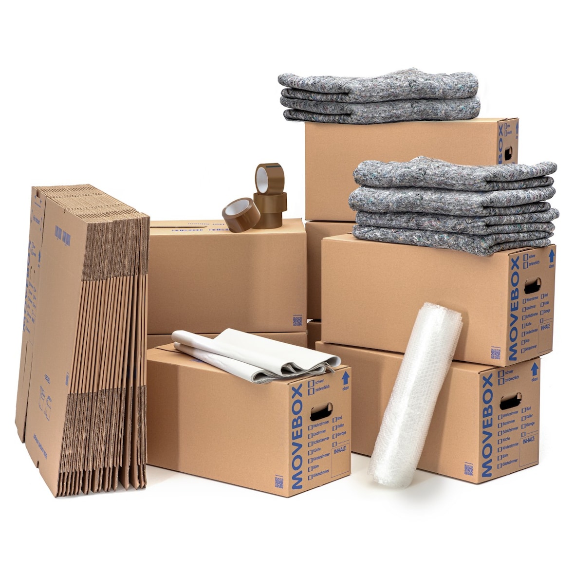 Umzugsset 3-4 Zimmer Wohnung Umzugskartons Packseide Luftpolsterfolie Klebeband Umzugsdecken