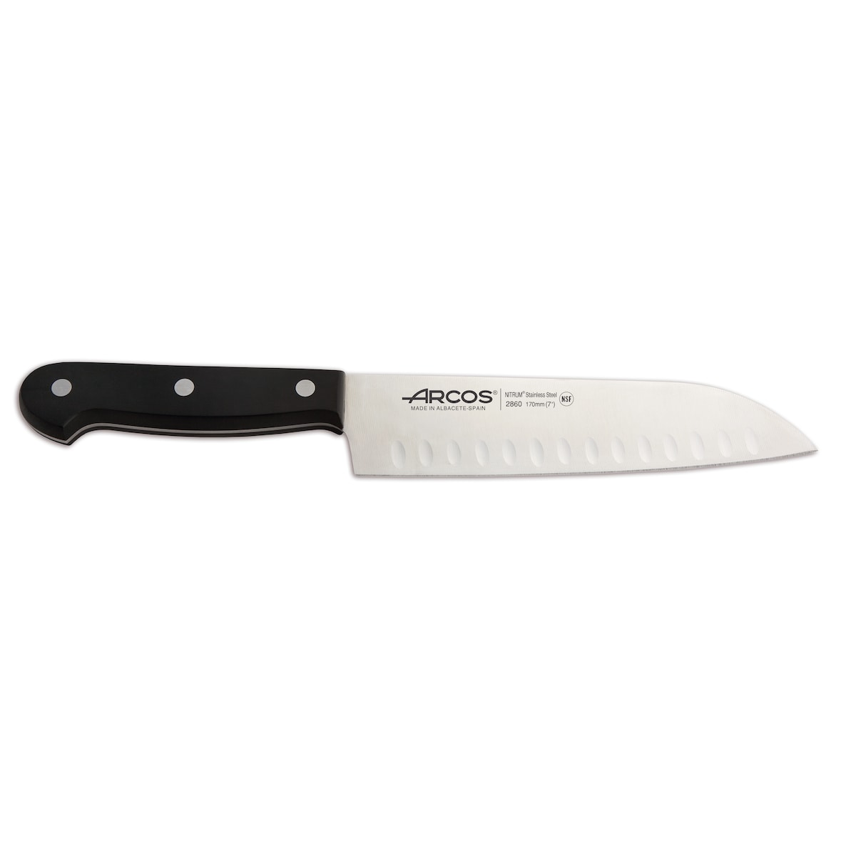 Arcos Cuchillo Santoku Cuchillo Asiático, Hoja con alveolos de Acero Inoxidable NITRUM 170 mm, Mango de Polioximetileno (POM), Color Negro
